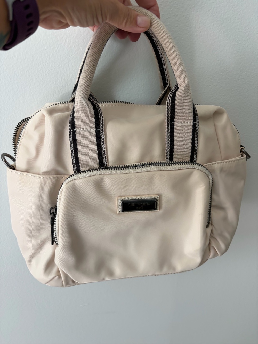 Saint & Sophia Beige Women’s Handbag with Black-Trim Handles